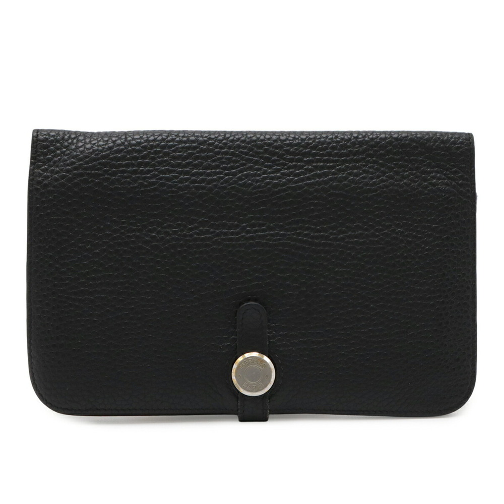 HERMES Dogon Duo GM Bi-fold Long Wallet, Taurillon Clemence Leather, Black, C...